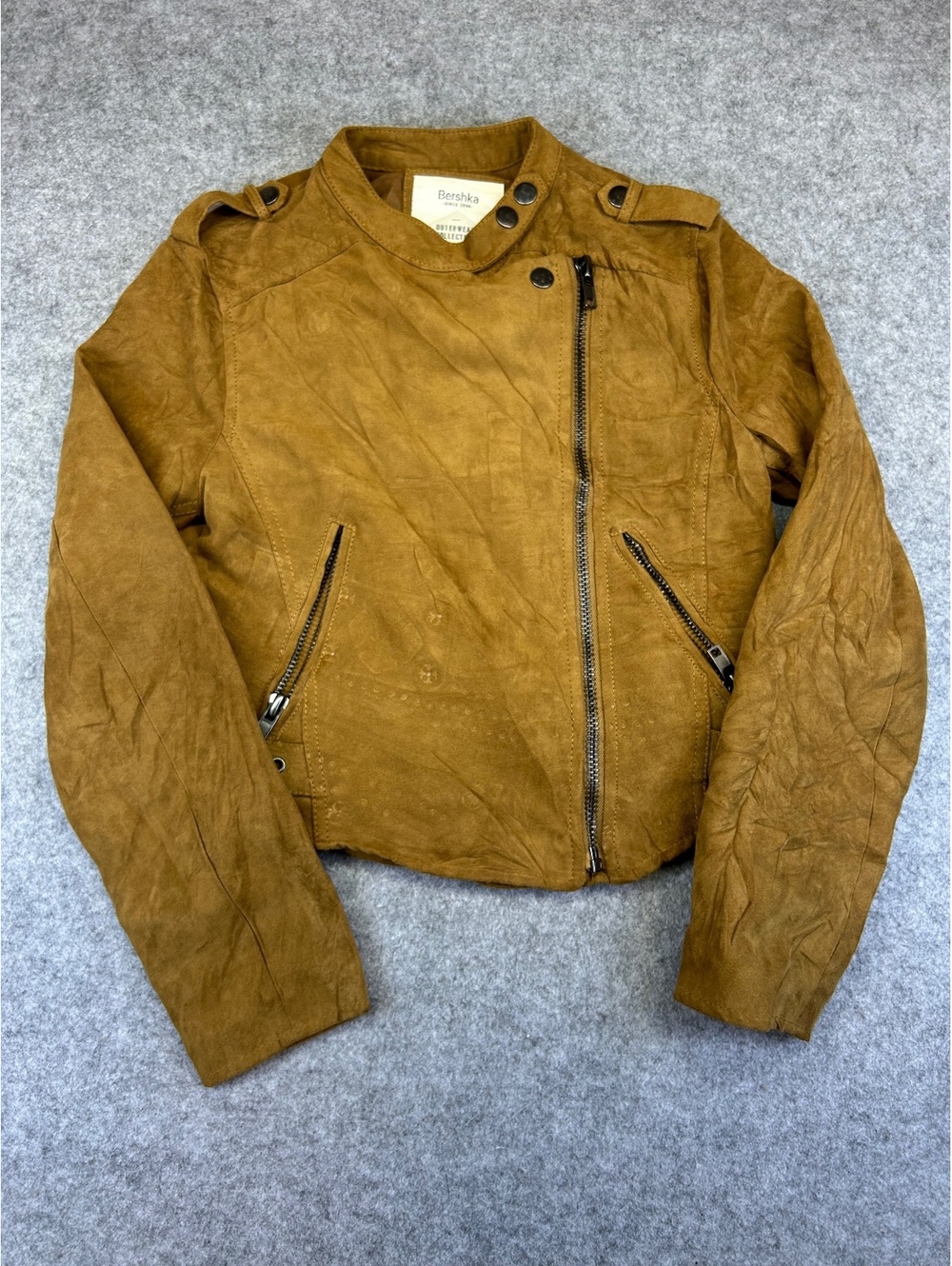 Bershka Suede Racing Jacket Women Size S Brown Cropped Biker Style Side Body Zip